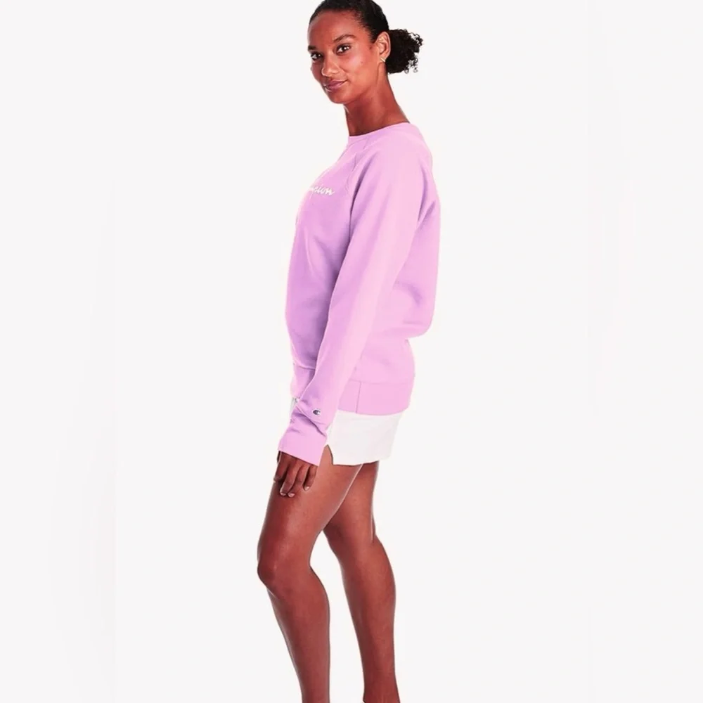 Champion Powerblend Fleece Sweater Relaxed Crew Screen Print Paper Orchid Size M
